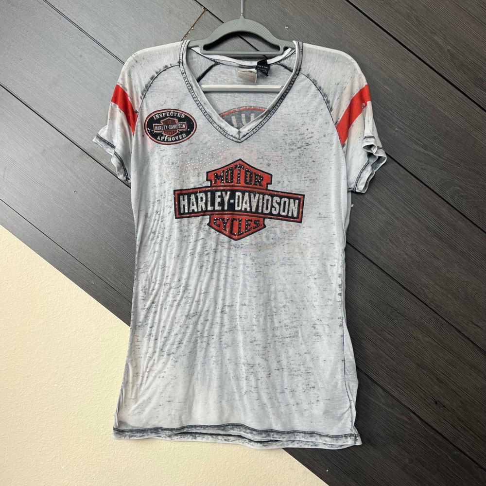 Harley-Davidson Womens Burnout V Neck Graphic Tee Large Gray Biker Y2K Moto
